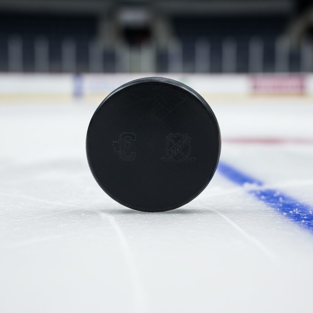 A detailed close-up of a pristine black hockey puck resting on smooth, clean white ice near the blue line. The surface of the puck features subtle textural details and crisp, embossed logos, accentuated by cool, diffuse overhead lighting from arena fixtures. The setting is minimalist, with the ice surface showing faint skate marks and blue line edges visible in crisp detail. The atmosphere is quiet and poised, evoking anticipation before play begins. The composition uses a shallow depth of field with the puck in sharp focus and the background softly blurred, creating a sophisticated, photographic realism in line with a professional sports blog aesthetic.